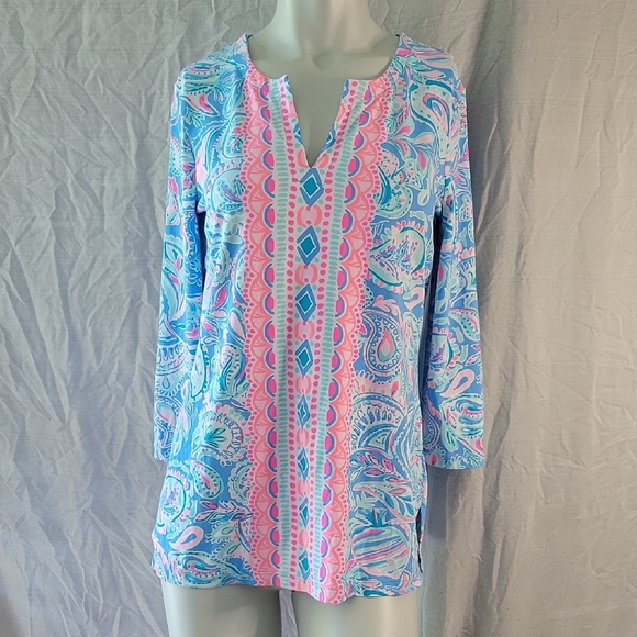 Lilly Pulitzer Colorful Blouse Blue and Pink Split Neck Top Long Sleeve Small - Picture 1 of 9